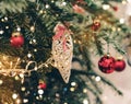 Christmas tree background and Christmas decorations with bokeh, blurred, sparking, glowing. Happy New Year and Xmas card Royalty Free Stock Photo