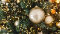 Christmas tree background and Christmas decorations with snow, blurred, sparking, glowing. Royalty Free Stock Photo