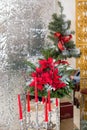 Christmas tree background and Christmas decorations with snow, blurred, sparking, glowing. Happy New Year and Xmas theme Royalty Free Stock Photo