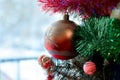 Christmas tree background and Christmas decorations with snow, blurred, sparking, glowing. Happy New Year and Xmas theme Royalty Free Stock Photo