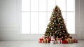 Christmas tree on the background of a large window. Royalty Free Stock Photo