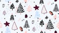 Christmas tree background ornaments, Winter evegreen fir branch pine tree seamless geometric pattern. Doodle sketch simple art.