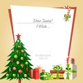 Christmas tree background with presents tree garlands toys and a white wish list