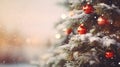 Christmas tree background with red balls, snow and lights bokeh. Merry Xmas card with space for text Royalty Free Stock Photo