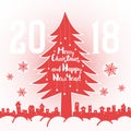 Christmas tree on a background of snowdrifts, snowflakes and city