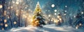 Christmas tree background in winter snowy coniferous forest with fairy landscape. Happy New Year panorama. Sunny weather