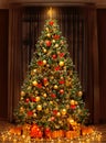 Christmas Tree Background. Xmas Tree decorated with Golden Balls, Red Ribbon, shining Lights and Star in Home Room Interior