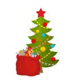 Christmas tree and bag Santa Claus with gifts. Red sack of toys Royalty Free Stock Photo