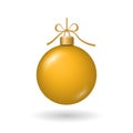 Christmas tree ball with gold ribbon bow. Golden bauble decoration, isolated on white background. Symbol of Happy New Royalty Free Stock Photo