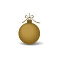 Christmas tree ball with gold ribbon bow. Golden bauble decoration, isolated on white background. Symbol of Happy New Royalty Free Stock Photo