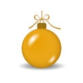 Christmas tree ball with gold ribbon bow. Golden bauble decoration, isolated on white background. Symbol of Happy New Royalty Free Stock Photo