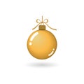 Christmas tree ball with gold ribbon bow. Golden bauble decoration, isolated on white background. Symbol of Happy New Royalty Free Stock Photo