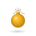 Christmas tree ball with gold ribbon bow. Golden bauble decoration, isolated on white background. Symbol of Happy New Royalty Free Stock Photo