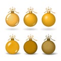 Christmas tree ball with gold ribbon bow. Golden bauble set decoration, isolated on white background. Symbol of Happy Royalty Free Stock Photo