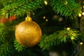 Christmas Tree Ball Ornament Festive Holiday Decoration Gold Closeup Depth of Field Bokeh