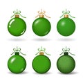 Christmas tree ball with ribbon bow. Green bauble set decoration, isolated on white background. Symbol of Happy New Year Royalty Free Stock Photo