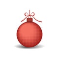 Christmas tree ball with ribbon bow. Red bauble decoration, isolated on white background. Symbol of Happy New Year, Xmas Royalty Free Stock Photo