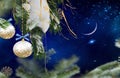 Christmas tree and ball on starry blue night with moon on sky   and snow flakes banner background template copy space Royalty Free Stock Photo