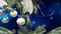 Christmas tree and ball on starry blue night with moon on sky   and snow flakes banner background template copy space Royalty Free Stock Photo