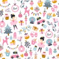 Christmas tree, ballerina, and gifts boxes seamless pattern. Holiday details Vector illustration in childish hand-drawn