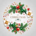 Square banner with gold and red Christmas symbols and text.