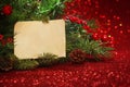 Christmas tree banches with blank note Royalty Free Stock Photo