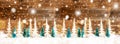 Christmas Tree Banner, Brown Wooden Background, Snowflakes Royalty Free Stock Photo