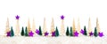 Christmas Tree Banner, Purple Star Decoration, White Isolated Background, Snow Royalty Free Stock Photo