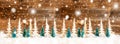 Christmas Tree Banner, Rustic Brown Wooden Background, Snowflakes Royalty Free Stock Photo