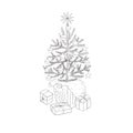 Christmas Tree in the Basket and Gifts. Royalty Free Stock Photo