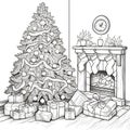 Christmas tree with baubles chain around gifts and fireplace black and white cat coloring book.Christmas banner with space for