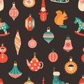 Christmas tree baubles flat vector seamless pattern. Black background with retro New Year decorations, ornaments. Winter Royalty Free Stock Photo