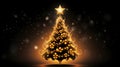 Christmas Tree with Baubles and gold ribbon in glitter star and bokeh yellow light background Royalty Free Stock Photo