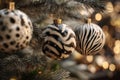 Christmas tree baubles in zebra print patterns hanging on a Christmas tree. Generative AI. Royalty Free Stock Photo