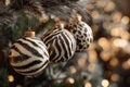 Christmas tree baubles in zebra print patterns hanging on a Christmas tree. Generative AI. Royalty Free Stock Photo