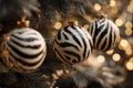 Christmas tree baubles in zebra print patterns hanging on a Christmas tree. Generative AI. Royalty Free Stock Photo