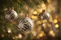 Christmas tree baubles in zebra print patterns hanging on a Christmas tree. Generative AI. Royalty Free Stock Photo