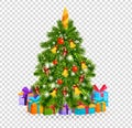 Christmas tree with beautiful balls, decorations. Gifts under christmas tree. Royalty Free Stock Photo