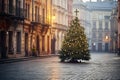 Christmas tree in beautiful empty old city at early morning, while all people sleeping at home