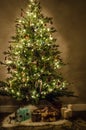 Christmas tree with beautiful lights, decoration, toys and gifts Royalty Free Stock Photo