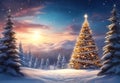 Christmas tree with beautiful lights among trees covered with snow, Christmas winter magic background