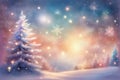 Christmas tree with beautiful lights among trees covered with snow, Christmas winter magic background