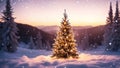 Christmas tree with beautiful lights among trees covered with snow, Christmas winter magic background