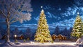 Christmas tree with beautiful lights among trees covered with snow, Christmas winter magic background