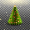 Christmas tree with bells, golden balls, red bow and ribbons, isolated