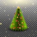 Christmas tree with bells, golden balls, red bow and ribbons, isolated on transparent background. Vector illustration.