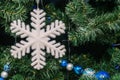 Christmas tree and big white snowflake. Green spruce branches are decorated with toys and balls. Christmas background