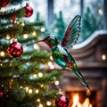 christmas tree with a bird blown glass hummingbird made of glass, a Christmas tree background near a fireplace, warm and cozy