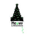 Christmas tree with black cat. ``Meowy Christmas`` text with paw prints. Happy new year greeting card