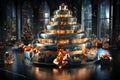 Christmas tree and blue gift boxes with golden bows in high tech style in interior. Generative AI